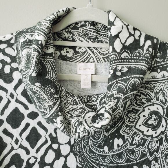 Chico's Cowl Neck Asymmetric Hem Sweater L 2 Paisley Gray White Artsy Lagenlook - Picture 2 of 9
